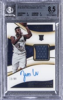 2019-20 Panini "Immaculate Collection" #135 Zion Williamson Signed Patch Rookie Card (#72/99) – BGS NM-MT+ 8.5/BGS 10

